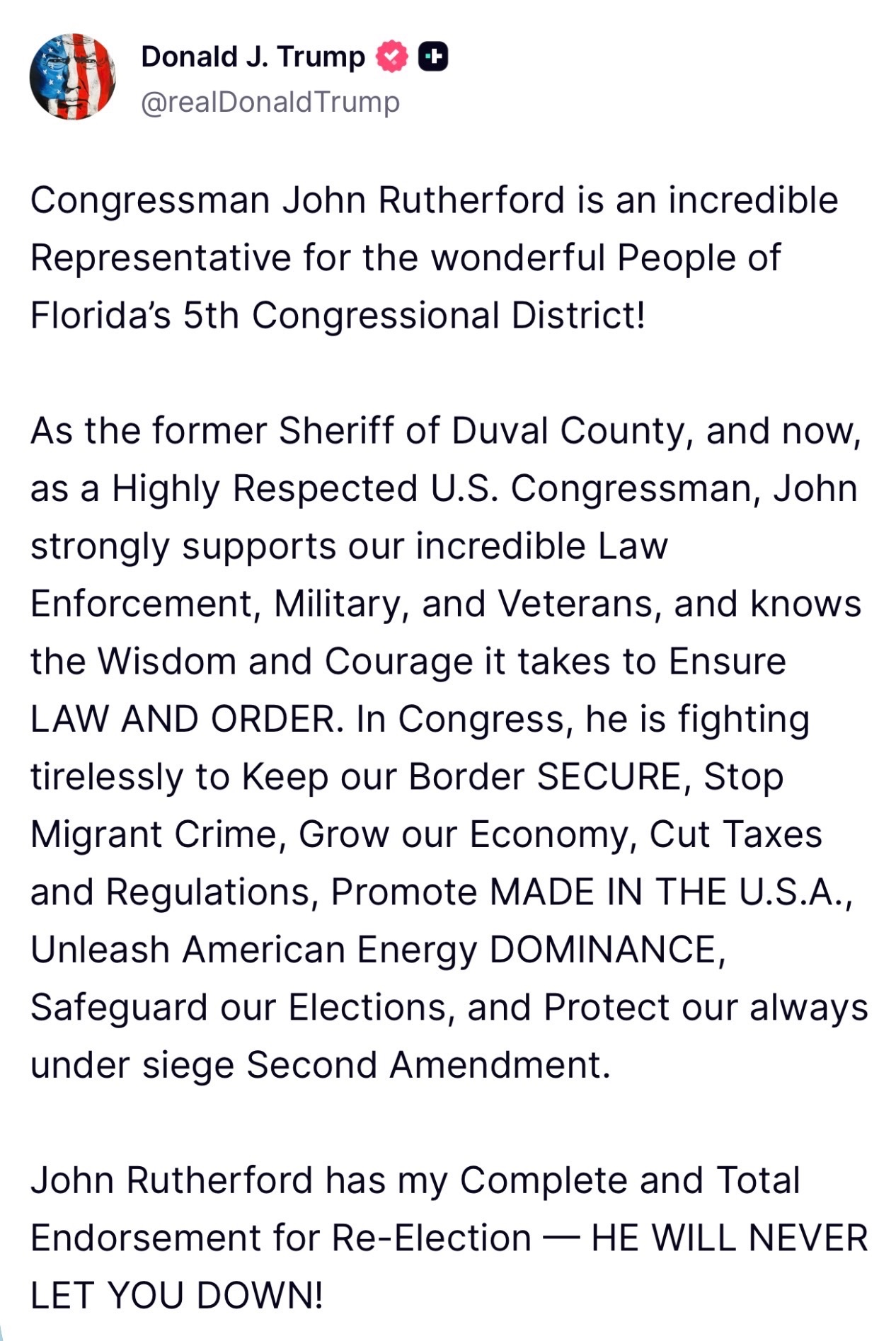 Endorsement of President Trump on Truth Social